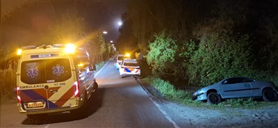 Auto te water aan de Klaas Klinkertweg,bestuurder klimt de boom in.