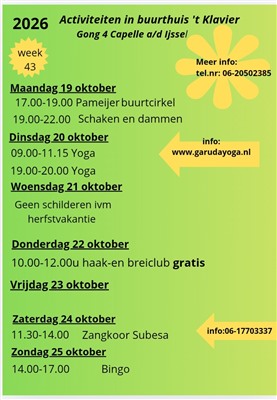 Hierbij de agenda van de komende week van buurthuis Klavier.