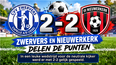 Zwervers en Nieuwerkerk delen de punten. In een leuke wedstrijd voor de neutrale kijker werd er met 2-2 gelijk gespeeld.