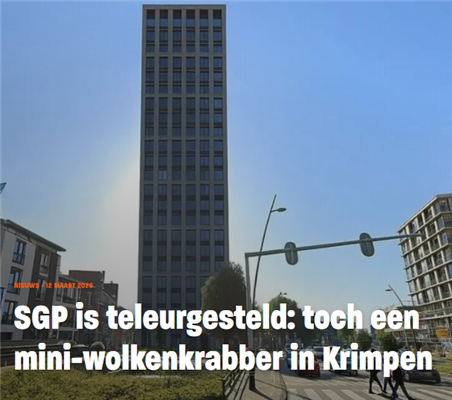 KRIMPEN A/D IJSSEL – De SGP-fractie is teleurgesteld dat de gemeenteraad heeft ingestemd met een mini-wolkenkrabber van 18 tot 23 verdiepingen in ons dorp. De SGP stemde tegen het voorstel, maar een meerderheid van de raad ging toch akkoord.