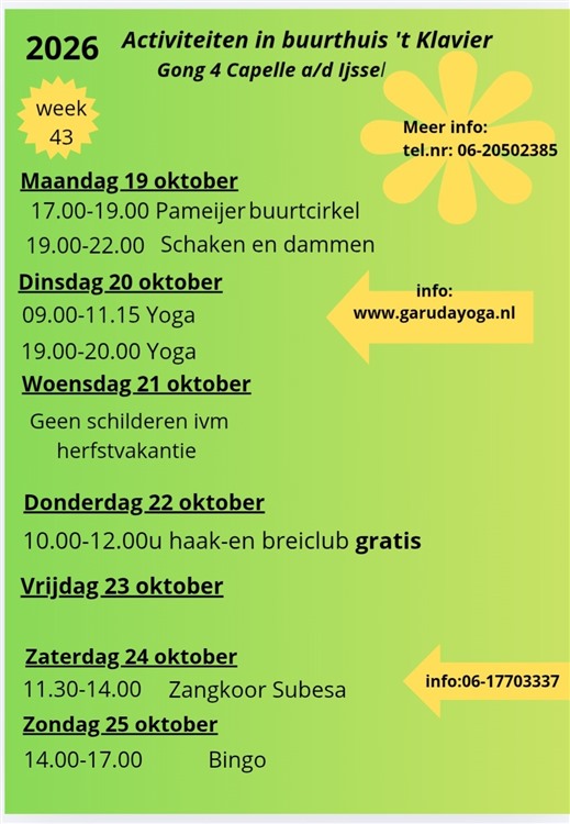 Hierbij de agenda van de komende week van buurthuis Klavier.