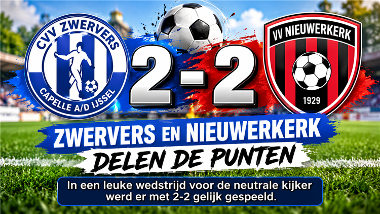 Zwervers en Nieuwerkerk delen de punten. In een leuke wedstrijd voor de neutrale kijker werd er met 2-2 gelijk gespeeld.